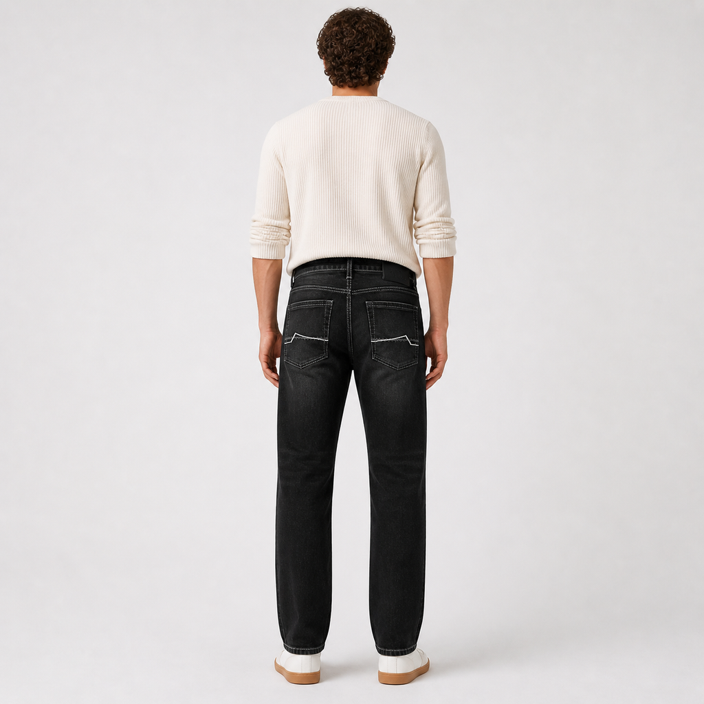 Washed Black Straight Fit Denim Jeans with Contrast Stitch