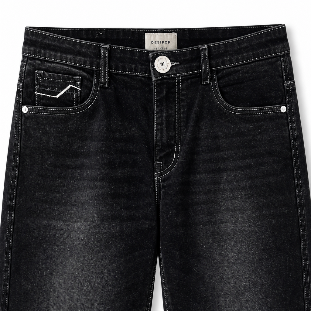 Washed Black Straight Fit Denim Jeans with Contrast Stitch
