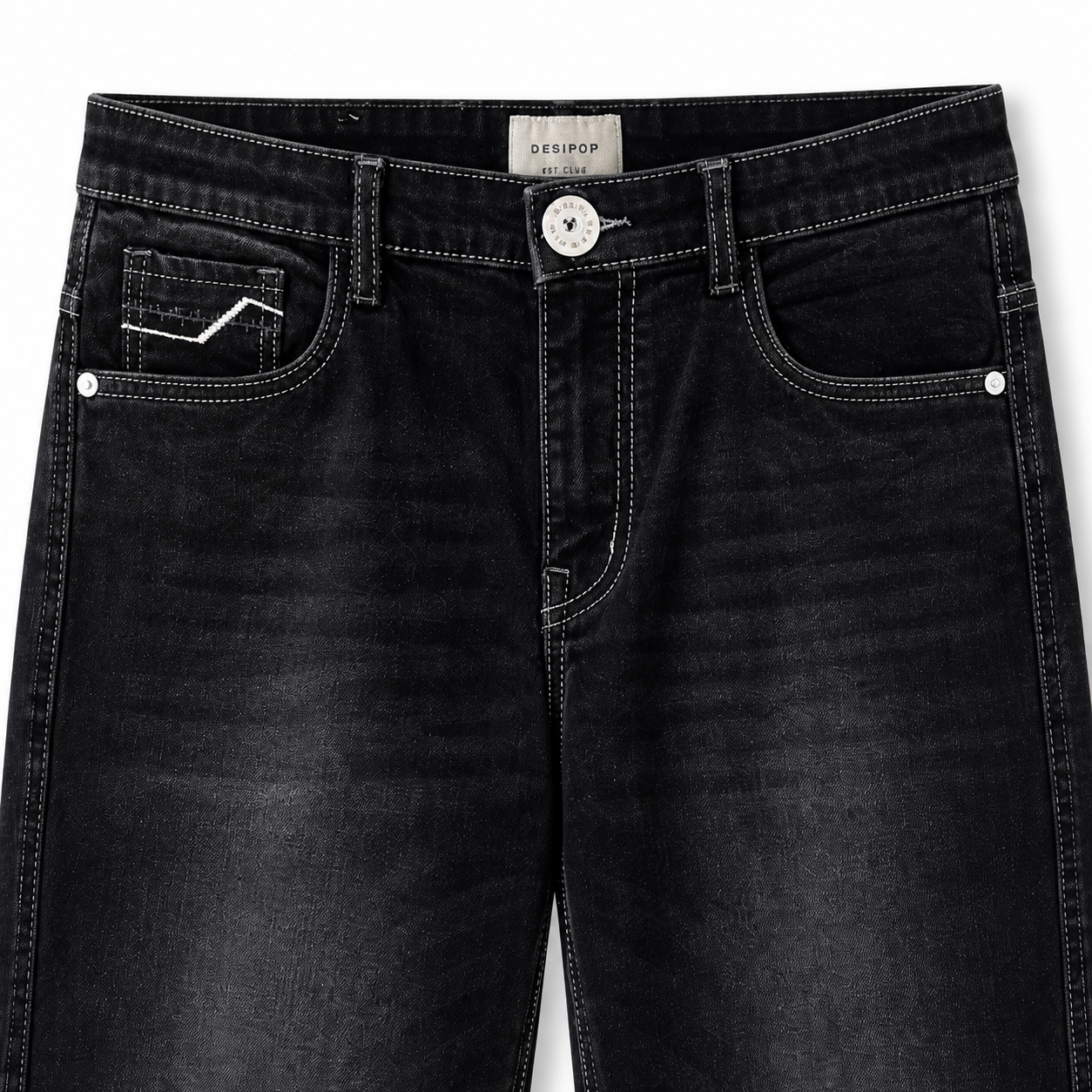Washed Black Straight Fit Denim Jeans with Contrast Stitch