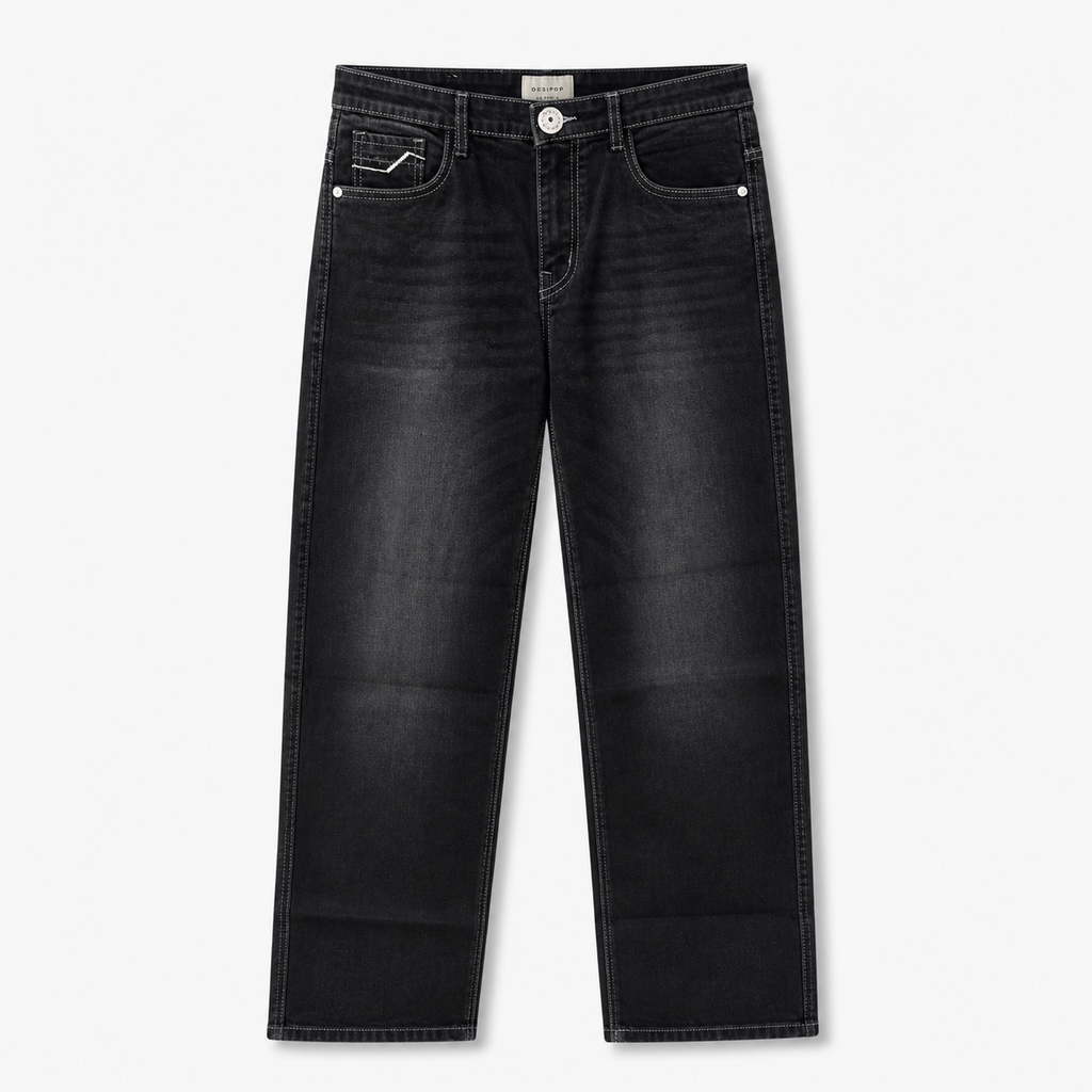 Washed Black Straight Fit Denim Jeans with Contrast Stitch