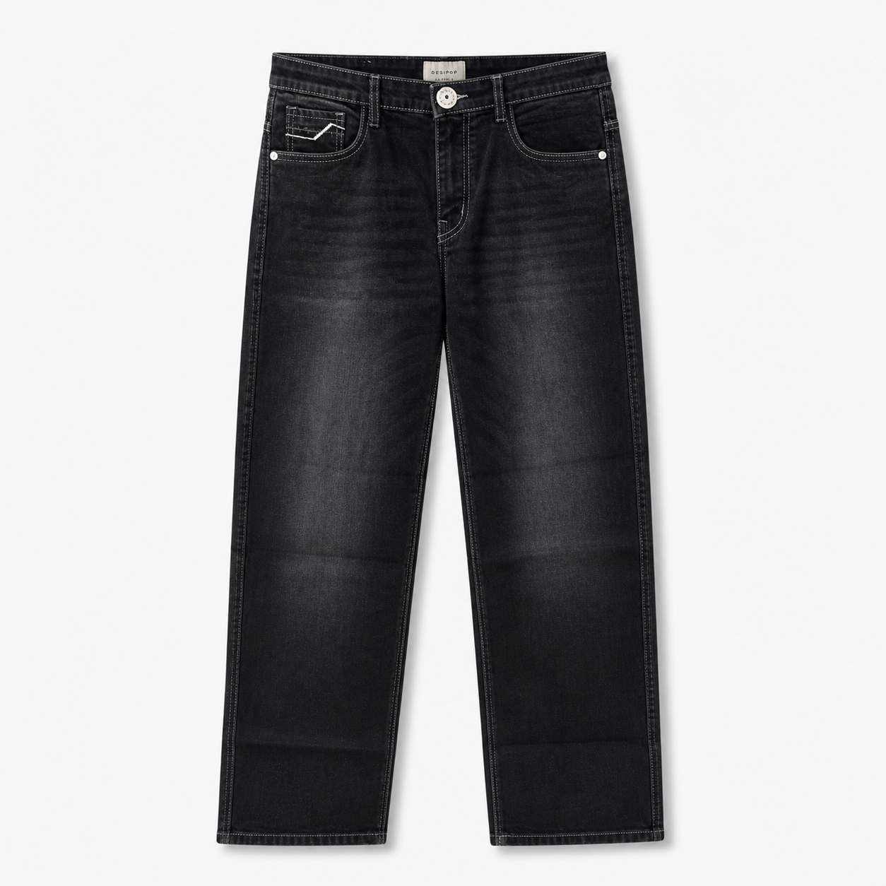 Washed Black Straight Fit Denim Jeans with Contrast Stitch