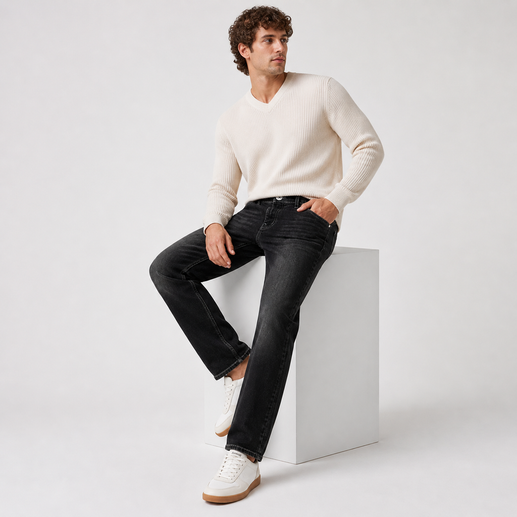 Washed Black Straight Fit Denim Jeans with Contrast Stitch